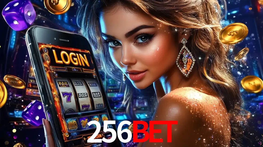 Mulher glamorosa segurando um smartphone com a tela de login para os jogos de caça-níqueis do cassino online 256bet, com moedas de ouro e dados ao redor.
