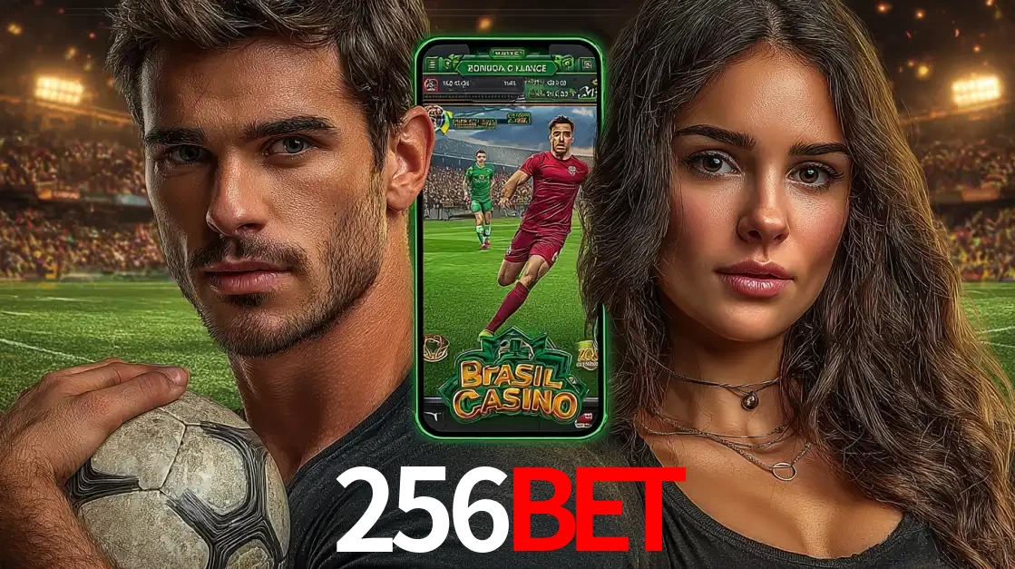 Homem segurando uma bola de futebol e uma mulher ao lado de um smartphone exibindo o jogo de apostas esportivas da 256bet. Faça seu palpite no cassino online.